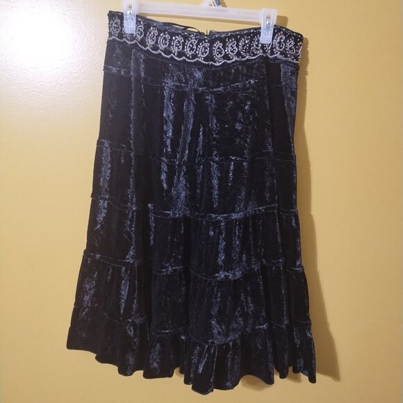VTG 90s Dimri Rhinestone Embellished Tiered Black Velvet Midi Skirt L Goth - Picture 1 of 5